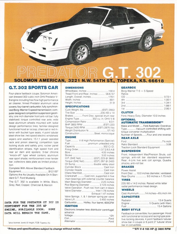 Predator GT302 Mustang Sales Brochure