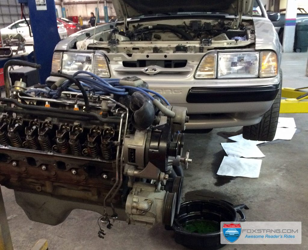 Pulling the 5.0 for some serious cleaning in a Fox Body Mustang